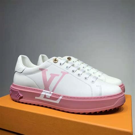 pink and white Lv sneakers